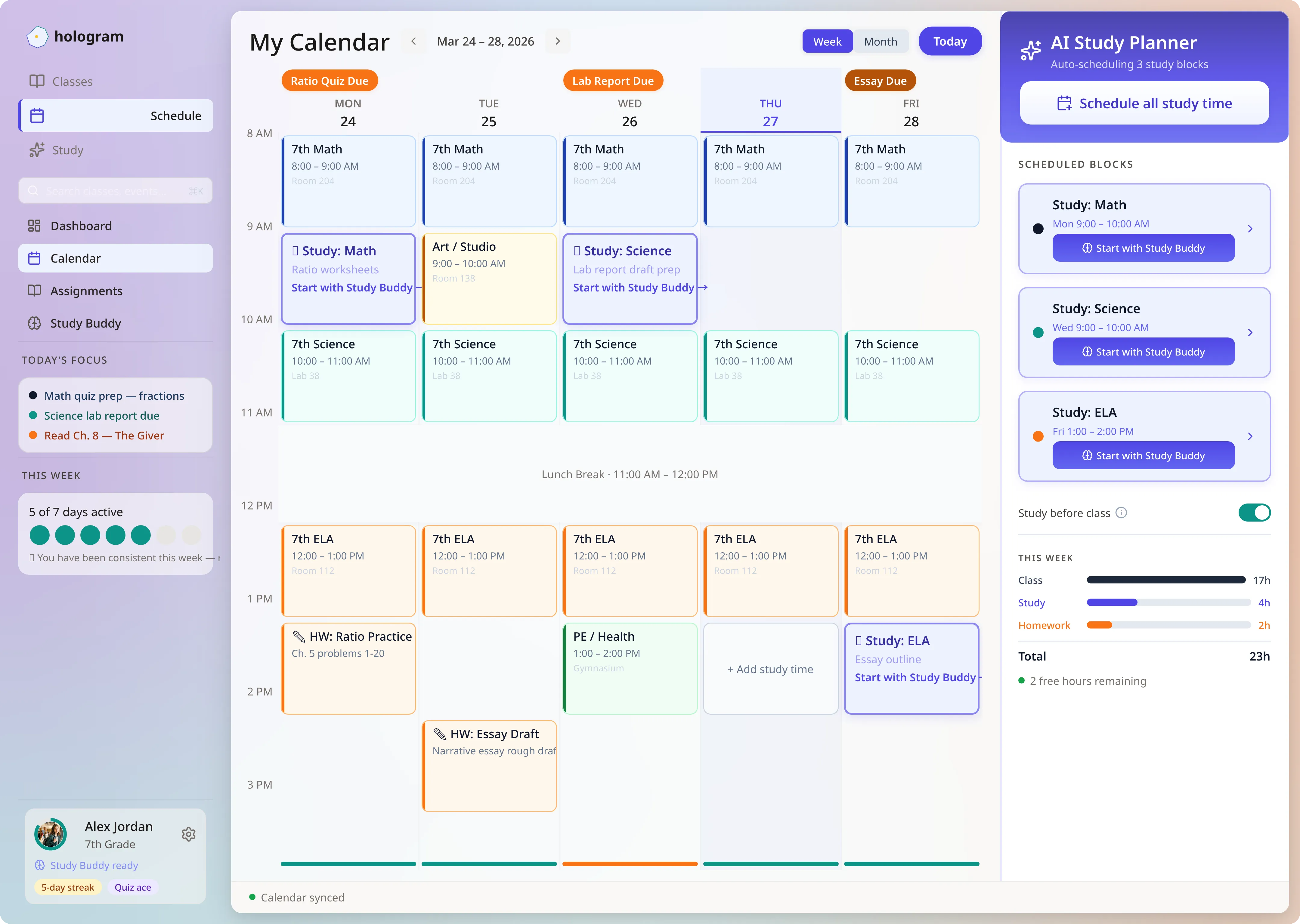 AI-powered weekly calendar showing automatically scheduled study blocks between classes, with an AI Study Planner panel suggesting targeted practice sessions based on mastery gaps