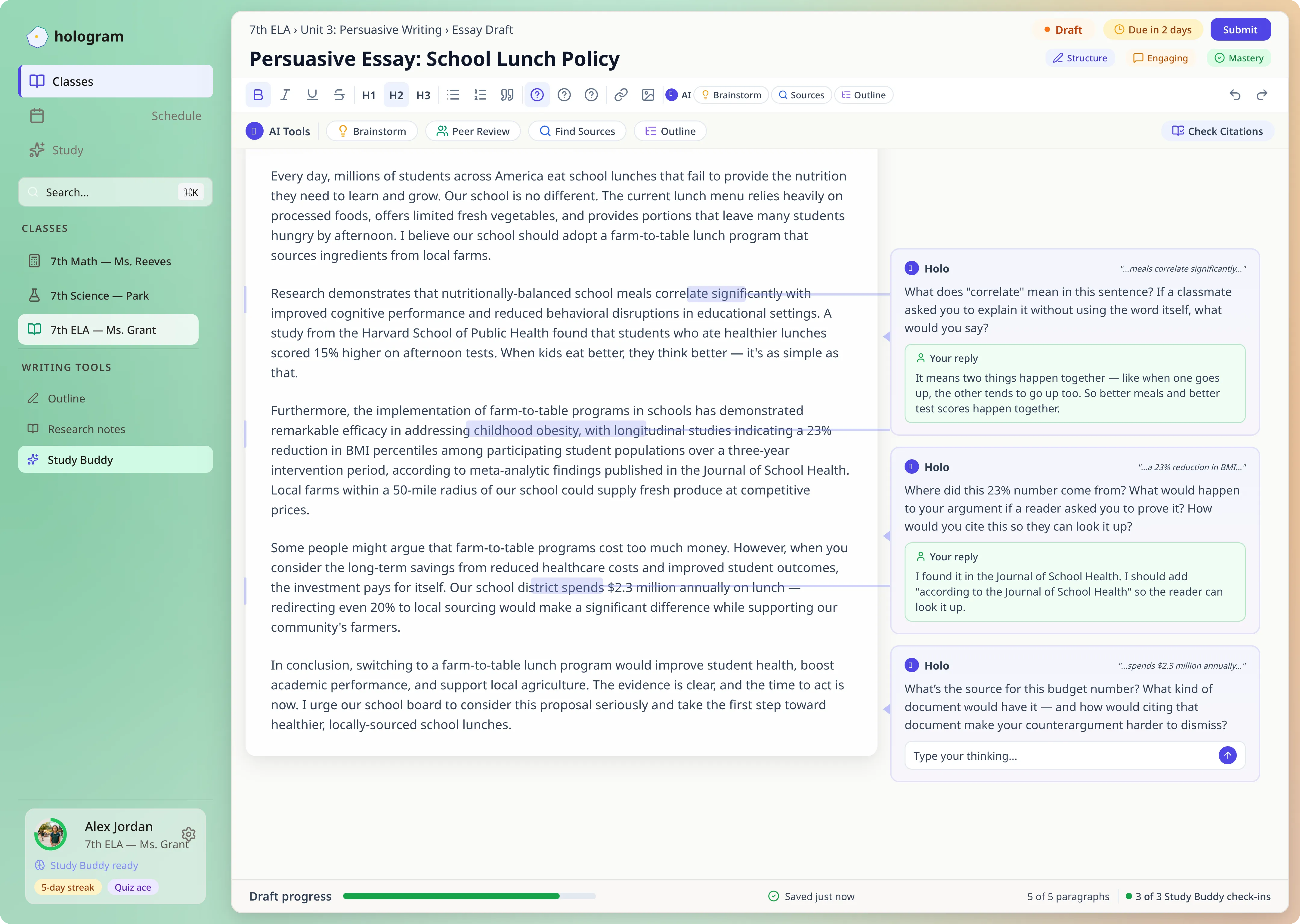Student writing a persuasive essay with real-time Socratic AI tutoring — Holo asks contextual questions about vocabulary and citation quality, with student replies inline