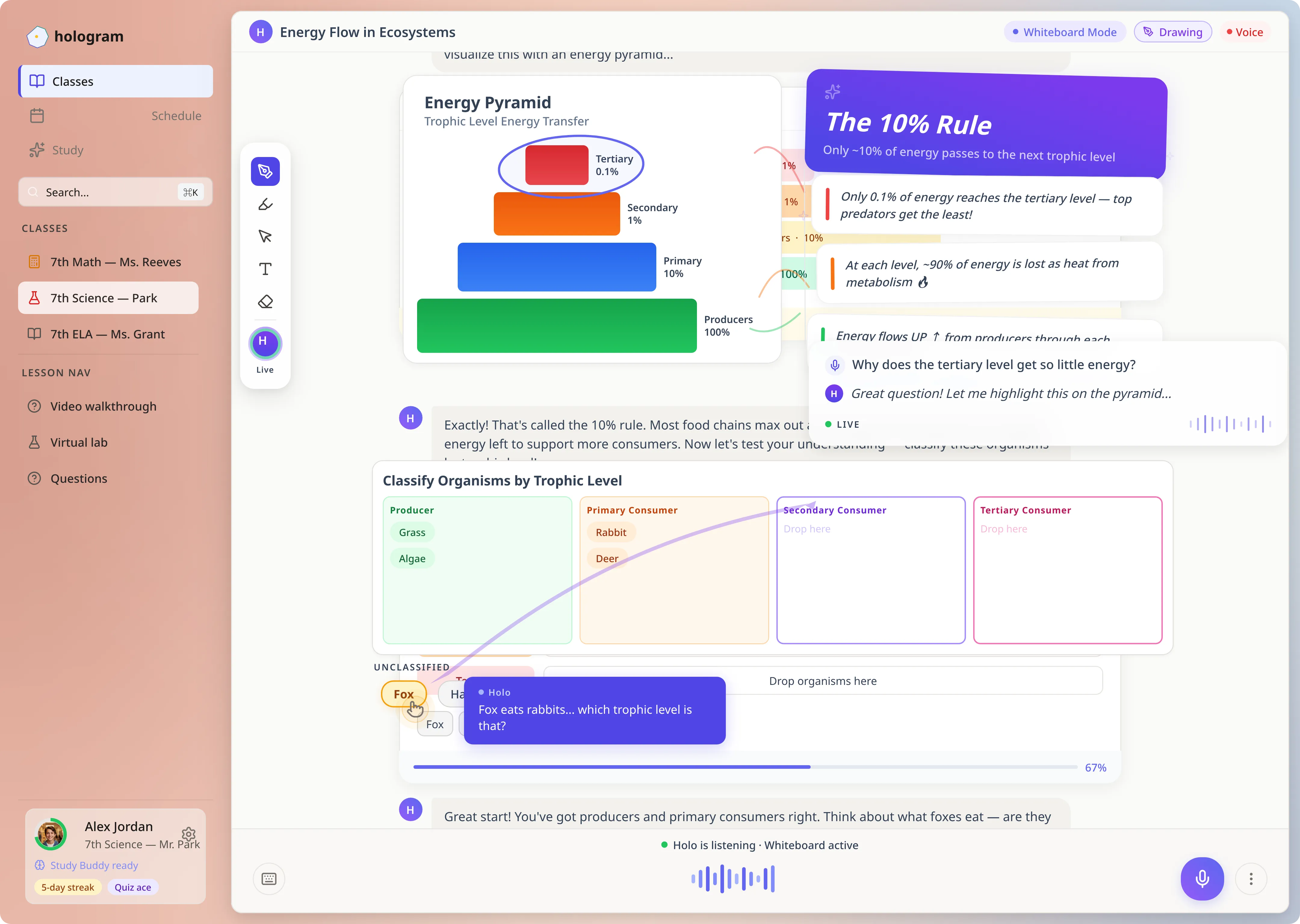 Interactive science lesson with energy pyramid visualization, drag-and-drop organism classification, voice-enabled Socratic AI tutor, and real-time whiteboard mode